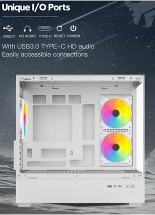 DIYPC ARGB-N1-W White USB3.0 /Type C Micro ATX Gaming Computer Case w/Frameless Dual Tempered Glass Panel and 3 x ARGB 120mm Fans (Pre-Installed). Support 4090TI GPU and 360mm AIO