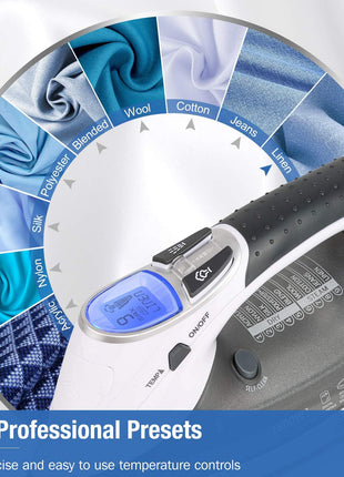 BEAUTURAL 1800 Watts Steam Iron with Digital LCD Screen, 3-Way Auto Shutoff | Double-Layer and Ceramic Coated Soleplate, 9 Preset Temperature, Burst of Steam for Variable Fabric, Anti-Drip and Anti-Calc