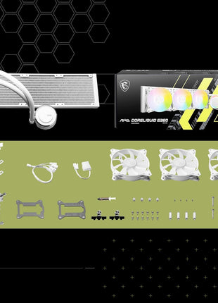 MSI MAG CoreLiquid E360 White - AIO ARGB CPU Liquid Cooler - Rotating Cap Design - 360mm Radiator - Triple 120mm ARGB PWM Fans - LGA 1700/1851 / AM5/AM4 Compatible