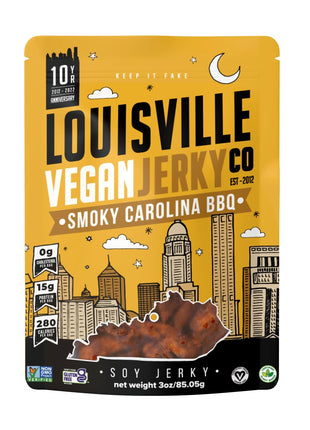 Louisville Jerky Co. Sweet & Smoky Carolina Mustard BBQ Vegan Jerky, Plant Based Protein Snack (3 Ounce, 1-Pack) – Smoky Southern BBQ Flavor, Gluten-Free, Vegetarian