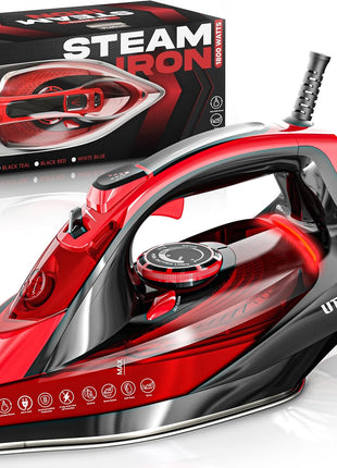 Utopia Home Steam Clothes Iron - 1800W (Black Red) Non-Stick Soleplate | Nonstick Soleplate With Auto-Off Safety Feature - Adjustable Thermostat Control, Variable Steam Control, Self-Clean, 8ft Cord