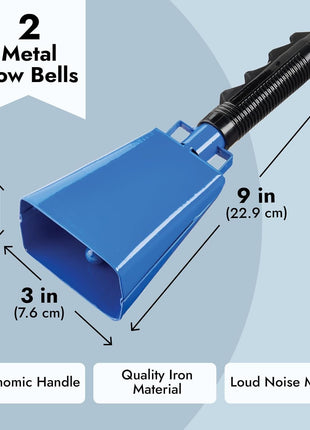 BLUE PANDA Cowbell Noise Maker - 9-Inch, Royal Blue, Pack of 2 - Metal Cowbell Instrument with Ergonomic Handle - Cheering Bell for Stadium Cheers & Celebratory Noise Maker