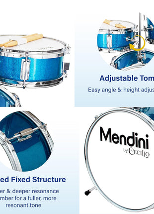Mendini By Cecilio 13 Inch Drum Set, 3-Piece Junior Drum Set - Sky Blue | Drum Set for Beginners with Bass, Tom, Snare Drum,Cymbal, Drumsticks, Adjustable Padded Seat