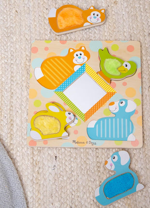 Melissa & Doug First Play Peek-a-Boo Pets Wooden Touch and Feel Puzzle with Mirror Mirror Toy for Babies and Toddlers, Sensory Toy Puzzle
