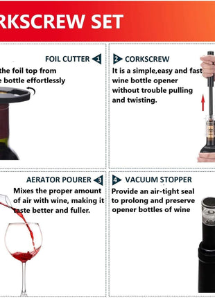 Air Pressure Pump Bottle Opener With Foil Cutter,Aerator Pourer,Vacuum Stopper(4PCS),Simple Cork Remover,Efficient Corkscrew Bottle Opener,Great For Wine Lovers,Perfect Wine Gift.
