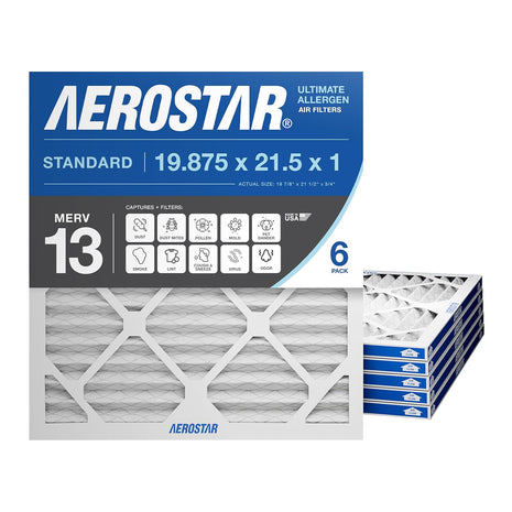 Aerostar 19.875x21.5x1 MERV 13 - 6 Count - Pleated HVAC, Furnace & Air Conditioner Filters - For Bacteria, Dust, Cold & Flu Germs, Lint, Mold, Pet Dander, Allergy-Causing Pollen, Smog, Smoke & Viruses