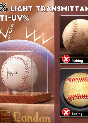 Baseball Display Case - Clear Cube Baseball Holder with Wooden Base, Autograph Stand Box for Single Ball, Acacia Wood, Brown, 1 Pack