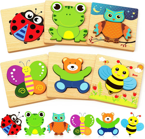 Bekayshad Wooden Puzzles for Toddlers 1-3, Montessori Toys for 1 2 Year Old | Toddler Puzzles, 1 2 Year Old Boy Girl Birthday Gifts, 6 Pack Animal Shape Jigsaw Puzzles, Learning Educational Preschool Toy