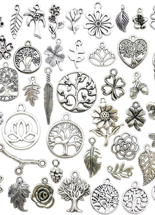 Youdiyla 100pcs Mix Silver Tree Flower Charms Collection, Bulk Mini Small Little Charms Metal Pendant Craft Supplies Findings for Necklace and Bracelet Jewelry Making (HM291)