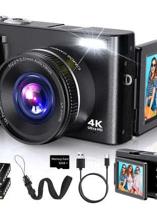 4K Digital Camera for Photography Autofocus, 2026 Latest 48MP Vlogging Camera for YouTube with SD Card, 2 Batteries, 3" 180°Flip Screen Compact Travel Camera for Teens with 16X Zoom,Black