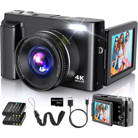 4K Digital Camera for Photography Autofocus, 2026 Latest 48MP Vlogging Camera for YouTube with SD Card, 2 Batteries, 3" 180°Flip Screen Compact Travel Camera for Teens with 16X Zoom,Black