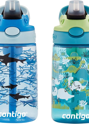 Contigo Aubrey Kids Water Bottle, 2-Pack, 14oz, Dinos & Sharks, Spill-Proof Lid, Dishwasher Safe, Blue & Green