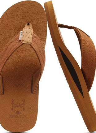 KuaiLu Mens Leather Flip Flops Arch Support Summer Beach Pool Water Thong Sandals Waterproof Essentials Walking Shoes Slip on Orthotic Casual Sport Cushioned Wide Slides Shower Slippers Khaki Size 11