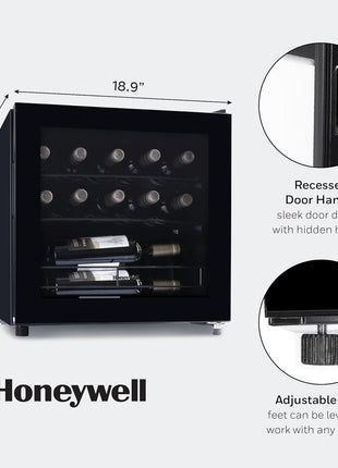 Honeywell 14 Bottle Compressor Wine Cooler Refrigerator, Compact Wine Cellar For Red, White, Champagne or Sparkling Wine, Digital Temperature Control, Glass Door