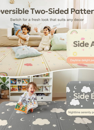 Extra Large Foldable Play Mat, Reversible Baby Play Mat with Edge Reinforcement, Non-Toxic & Waterproof Baby Mat for Floor, Foam Playmat for Infants Toddlers, Rainbow, Cloud & Moon, 50''x50''