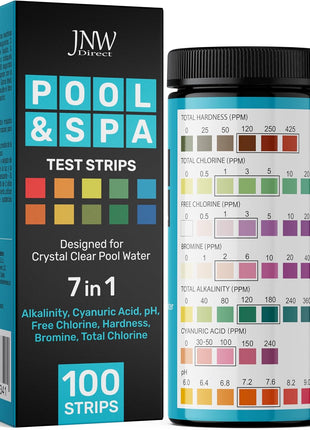 JNW 7-in-1 Pool Test Strips, 100 Quick & Accurate Test Strips for Pool Water, Spa Test Strips for Hot Tub, Chlorine Test Strips, Bromine, pH, Alkalinity, Hardness & More - Swimming Pool Test Kit