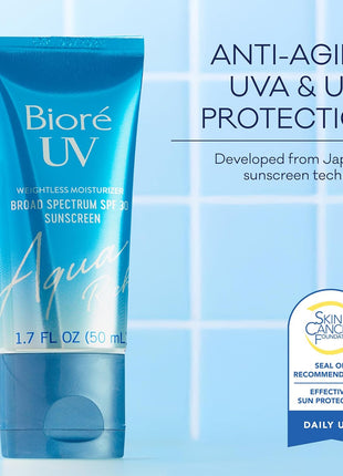 Biore UV Aqua Rich SPF 30 PA+++ Daily Moisturizer Sunscreen for Face, For Sensitive Skin, Oil Free, Hyaluronic Acid, Vegan, Oxybenzone & Octinoxate Free, Dermatologist Tested, 1.7 Oz