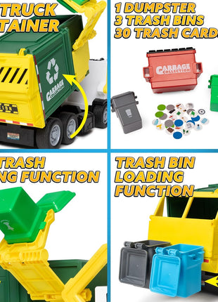 JOYIN Large Friction Powered Garbage Truck Toy Set, Includes 1 Dumpster, 3 Trash Bins, and 30 Learning Cards for Kids, Boy Toys Birthday Gift, Green