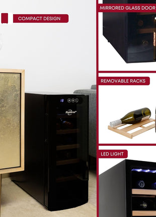 Koolatron Deluxe 12 Bottle Wine Cooler with Beech Wood Racks, Black, Thermoelectric Wine Fridge, 1 cu. ft. Freestanding Wine Refrigerator, Red, White and Sparkling Wine Storage for Kitchen or Home Bar
