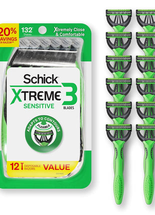 Schick Xtreme 3 Sensitive 3-Blade Disposable Razors for Men, 12ct