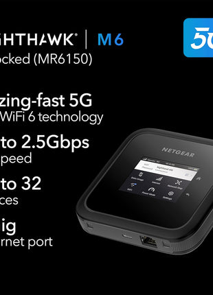 NETGEAR Nighthawk M6 5G Mobile Hotspot, Router with Sim Card Slot, Modem, Portable WiFi Device for Travel, Unlocked with Verizon, AT&T, and T-Mobile, WiFi 6, 2.5Gbps (MR6150)
