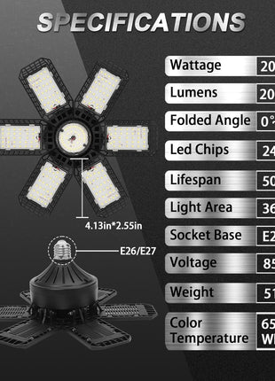AUDLES 2 Pack Garage Lights, 200W 20000LM 6500K LED Shop Lights, Garage Light Ceiling Led with 6+1 Deformable Panels, Screw in E26/E27 Socket Bulb for Warehouse, Workshop, Basement, Barn Lighting