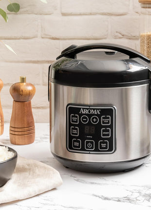 AROMA Digital Rice Cooker, 4-Cup (Uncooked) / 8-Cup (Cooked), Steamer, Grain Cooker, Multicooker, 2 Qt, Stainless Steel Exterior, ARC-914SBD