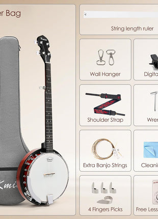 Kmise Banjo 5 String Banjos,Full Size 38 Inch Open or Closed Back | with Resonator, Bridge, Strings Pack, Finger Picks, Strap, Case, Tuner Accessories Set Gift Choice for Adults Beginner