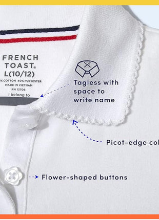 French Toast -girls Short Sleeve Picot Collar (Standard & Plus) Polo Shirt, White, 10 12 US