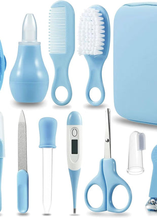 PandaEar Baby Healthcare & Grooming Kit - Baby Safety Set Comb, Brush, Finger Toothbrush, Nail Clippers, Scissors, Nasal Aspirator - Nursery Care Kit (Blue)