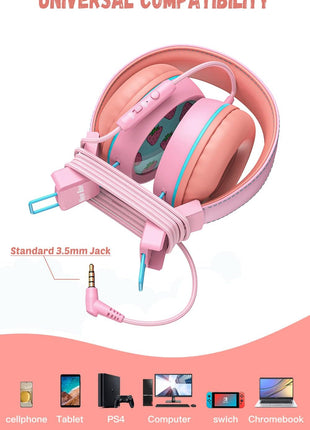 New Bee Kids Headphones Wired for School with Microphone KH20 HD Stereo Safe Volume Limited 85dB/94dB Foldable Lightweight for Girl/Mac/Android/Kindle/Tablet/Pad (Pink)
