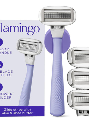 Flamingo Shaving Razor Set for Women - Original Razor Handle, 4 Blade Refills, and Shower Holder - Lilac