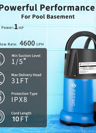 FOTING Sump Pump 1HP Clean/Dirty Submersible Water Pump, 4600GPH Utility Pump Thermoplastic Electric Portable Transfer Water Pump for Swimming Pool Garden Pond Basement with 10ft Long Power Cord