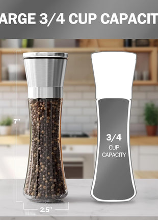 Home EC Premium Stainless Steel Sea Salt and Pepper Grinder Set of 2 - Adjustable Ceramic - Tall Glass Salt and Pepper Shakers - Kitchen Spice Mill W/Funnel & EBook