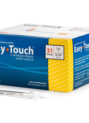 Easy Touch U-100 Insulin Syringe with Needle, 31G 1cc 5/16-Inch (8mm), Box of 100