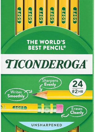 Ticonderoga Wood-Cased Pencils, Unsharpened, 2 HB Soft, Yellow, 24 Count