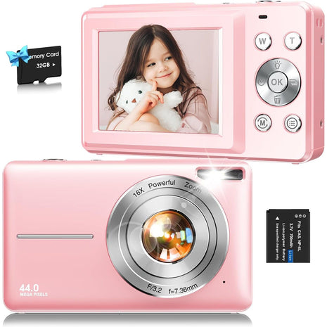Digital Camera,1080P Kids Camera 44MP Point and Shoot Digital Cameras | 16X Zoom,Anti-Shake,32GB Card,Date Stamp,Compact Small Cameras Photography for Kids Student Teen Girl Boy(Black)