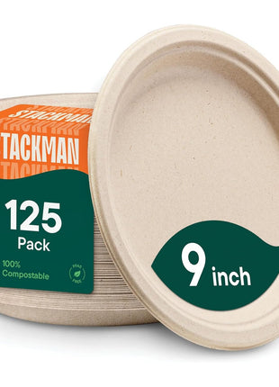 100% Compostable Paper Plates, Heavy Duty Disposable Plates [125-Pack] 9 Inch Plates - Eco-Friendly, Biodegradable Sugarcane Bagasse, Natural Unbleached Brown 9 inch Dinner Paper Plate Disposable