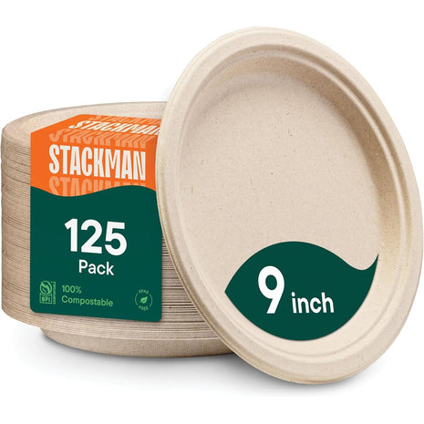100% Compostable Paper Plates, Heavy Duty Disposable Plates [125-Pack] 9 Inch Plates - Eco-Friendly, Biodegradable Sugarcane Bagasse, Natural Unbleached Brown 9 inch Dinner Paper Plate Disposable