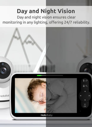 HelloBaby Video Baby Monitor with Upgraded 6inch IPS Large Screen, Split Screen with 2 Cameras, Night Vision and Temprature Monitoring, Remote Pan-Tilt-Zoom Camera, No-WiFi