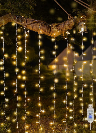 200 LED Curtain Lights Fairy Lights with Remote Bedroom 6.5x6.5ft | Warm White,USB Powered , IP44 Waterproof Indoor Outdoor Decor for Christmas Wedding Backdrop
