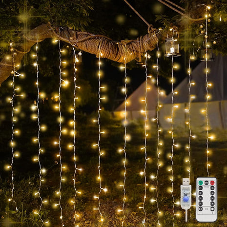 200 LED Curtain Lights Fairy Lights with Remote Bedroom 6.5x6.5ft | Warm White,USB Powered , IP44 Waterproof Indoor Outdoor Decor for Christmas Wedding Backdrop