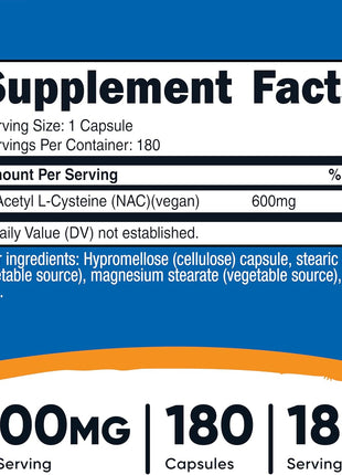 Nutricost N Acetyl L Cysteine (NAC) 600mg, 180 Capsules   Non GMO, Gluten Free