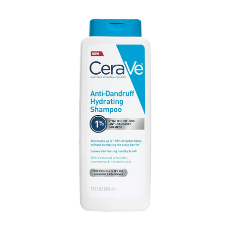 CeraVe Hydrating Anti Dandruff Shampoo, Itchy Scalp Treatment, 12oz | Helps Eliminate Flakes with 1% Pyrithione Zinc, Hyaluronic Acid, Niacinamide and Ceramides In A Sulfate Free Formula