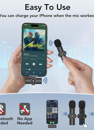 Wireless Lavalier Microphone, Mini Clip-On Mic with Noise Reduction | For iPhone, Android & iPad | USB-C & Lightning Compatible | Plug & Play for Video Recording, TikTok & YouTube
