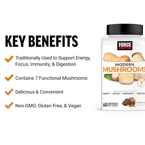 Force Factor Modern Mushrooms Soft Chews, Mushroom Supplement | with Lions Mane, Turkey Tail & Cordyceps to Support Energy, Focus & Digestion, Cinnamon Roll, 120 Soft Chews, 2-Pack