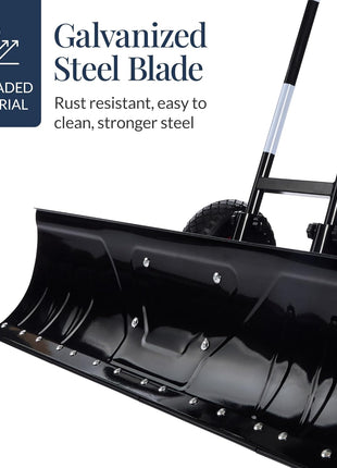 Best Choice Products 36in Heavy-Duty 2-Wheel Snow Pusher Hand Plow for Snow Removal w/Wheels, Adjustable Handle, Blade Angle, Reflective Tape - Black