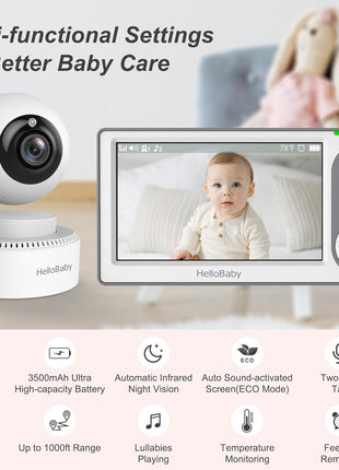HelloBaby 4.3'' Video Baby Monitor with 30 Hours Battery, Remote Pan-Tilt-Zoom Baby Monitor No WiFi, Baby Monitor with Camera and Audio, Night Vision, ECO Mode, Two-way Talk, 8 Lullabies, 1000ft Range