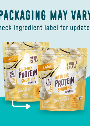 FlavCity Vanilla All in One Protein Shake Powder - On the Go Meal Alternative + Collagen Peptides, Reishi & Cordyceps - Focus, Skin, Hair & Joint Support - 100% Grass Fed Whey, 20 Servings