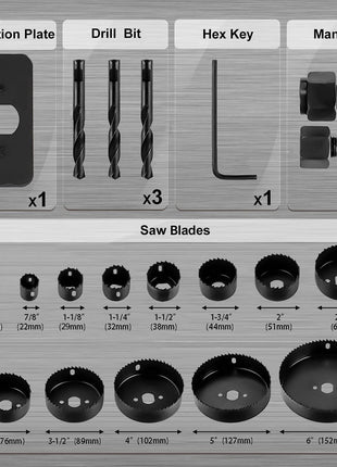 KATA Hole Saw Set 20PCS Hole Saw Kit with 3/4 inch-6 inch(19-152mm) 13PCS Saw Blades, 2 Mandrels, 3 Drill Bits, 1 Installation Plate, 1 Hex Key, Ideal for Soft Wood, Plywood, Drywall, PVC